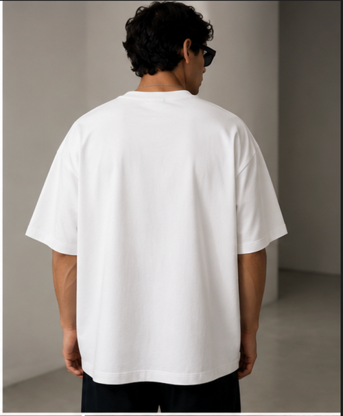 a Man wearing Plain White Oversized Crewneck T shirt 100% Cotton 200GSM , Back view Model