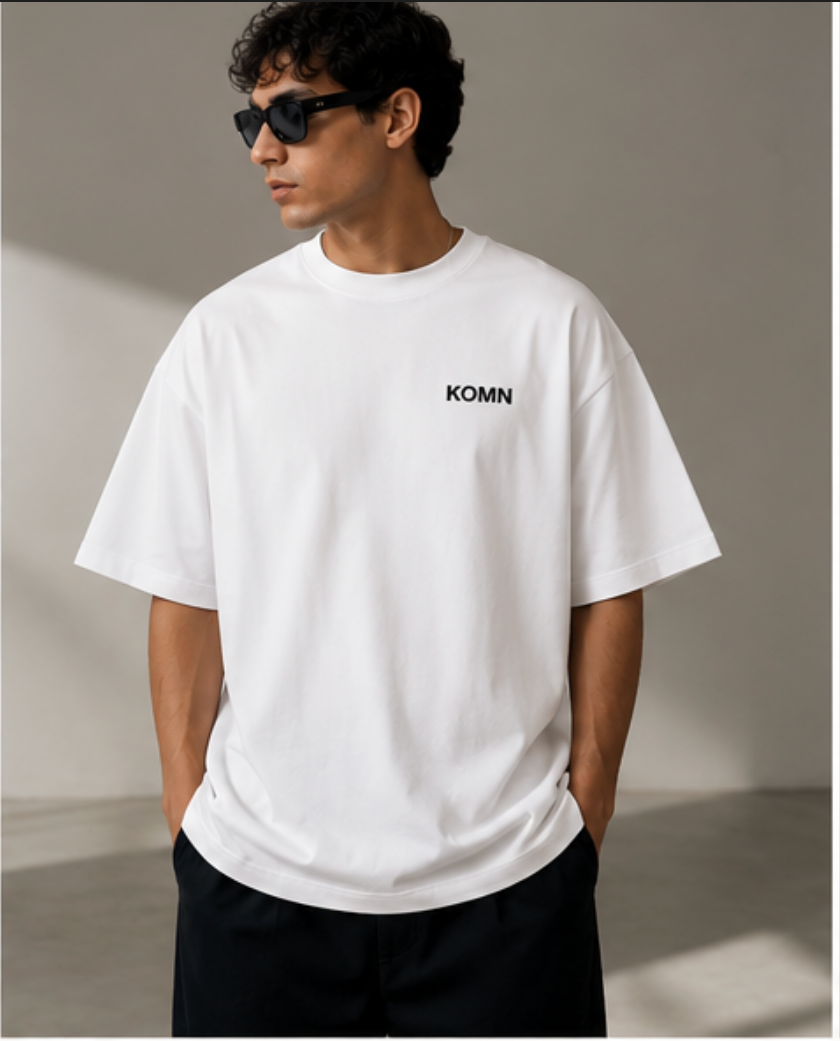 A man wearing a white Oversized Crewneck Tshirt heavy weight 200 GSM 100% cotton, Front View Model