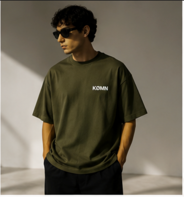 KØMN Minimal Olive Green Oversized T-Shirt for Men – 200 GSM 100% Cotton
