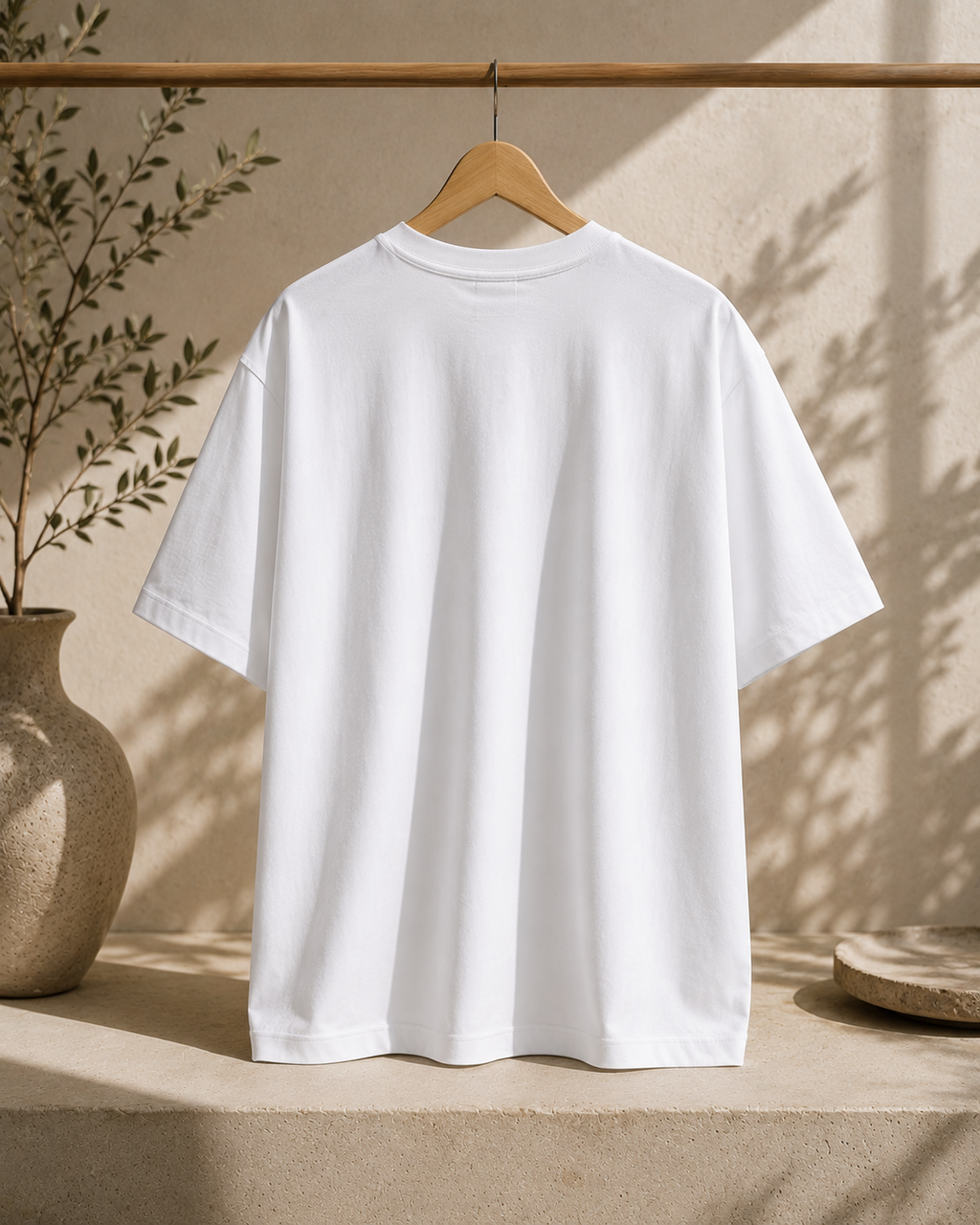 KØMN white oversized t-shirt for women back view, 200 GSM 100% cotton oversized crewneck tee
