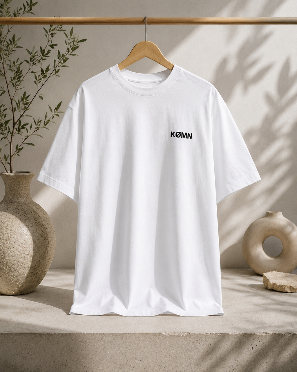 KØMN white oversized t-shirt for women front view with black chest logo, heavyweight cotton crewneck tee